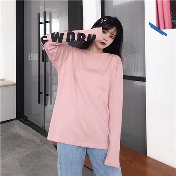 Korejski Slog Pismo Natisnjeno Caual College Veter Svoboden Redni O-vratu Dolgimi Rokavi Ženske moški Top majice