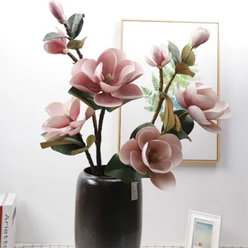 99CM 3D Veren Magnolija Veje Svile 3 Glavo Cvetje Umetno Ponaredek Cvet za Poroko Okrasite dom Dekoracijo Stranka Pribor