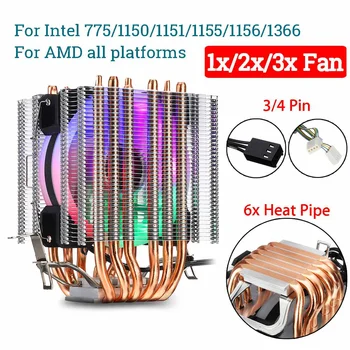 CPU Hladilnik Fan Heatsink 6 Baker Heatpipe 3/4 Pin RGB Fan Hladilnik Za procesor Intel 775/1150/1151/1155/1156/1366 in AMD Vse Platforme