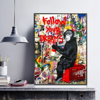 Banksy Umetnosti Sledite svojim Sanjam Opica Platna, Plakati, Grafiti Wall Street Art Plakatov In Fotografij Živali Slike za Dom Dekor