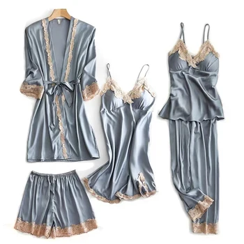 5peices Čipke Seksi Nightdress Imitacije Svile Saten Pižamo Haljo Suspender Nightdress v Prsih Pad Domov Storitev
