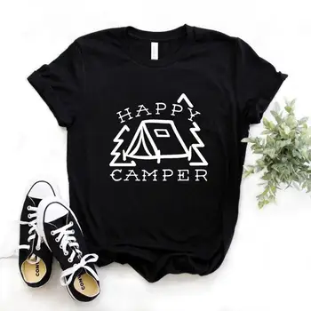 Happy Camper Ženske Tshirts Bombaž Priložnostne Smešno Majica s kratkimi rokavi Za Lady Vrh Tee Hipster 6 Barvno Spusti Ladje NA-590