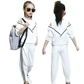 Vroča Pomlad jesen beli dekleta šport obleko za dekle ramenski off otroci obleko sklop priložnostne dva kosa trenirko otroci oblačila