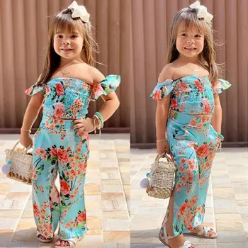 2020 Novo 2pcs Otroci Baby Girl Obleke Cvetlični Poletje Kostum Off Ramenski Crop Tops Dolgo Split Hlače Ljubek Obleko Set 2-6Years