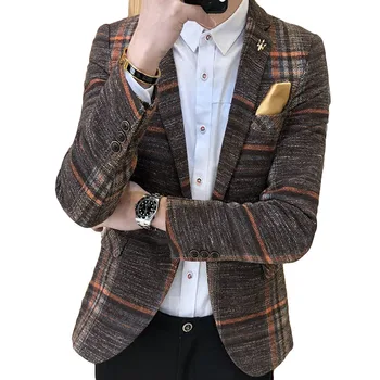 Jopič Homme 2020 Nove Oblikovalec Korejski Moški Kariran Jopič Masculino Slim Fit Tweed Gumb Priložnostne Mens Jopič Bo Ustrezala Coats