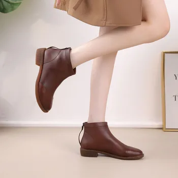 DRKANOL Moda za Ženske Pravega Usnja Čevlji Ravno Pete Nazaj Zadrgo Krog Toe Chelsea Škornji Retro Priložnostne Gleženj Škornji Ženske Čevlje