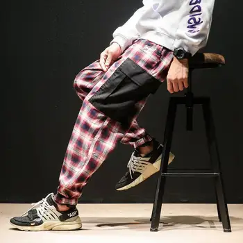 3XL Moda Letnik Joggers Hlače 2019 Mens Ulične Tovora Hlače Moški Hip hop Kariran Hlače Japonske Spomladi Hlače Kombinezon Moški