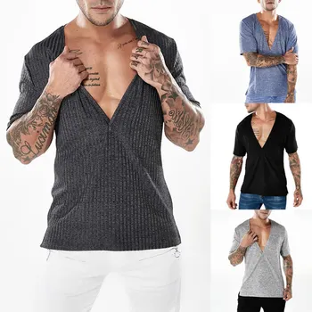 Poletje Moda Moških V Vratu Mišice Priložnostne Vrhovi Kratek Rokav Srajce Slim Fit Osnovne majice Oblačila