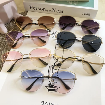 2020 nov modni roza gradient mačka oči, sončna očala za ženske letnik rimless zlitin, votli sončna očala ženski elegantni odtenki rjave