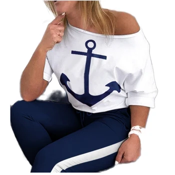 Fanco 2020 Žensk Kratka Sleeved Majico in Hlače Ženske Mornarsko Modri Športni Obleko Sidro Tiskanje Dva-Delni Set Plus Velikost 5XL