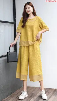 2020 Poletje Novo Preprost Macarons Velikosti Miyake Naguban Težka Industrija Priložnostne Obleko Dva Kosa iz Vrhu in Hlače Ženske Set
