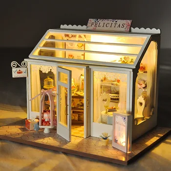 DIY Knjigarna Torto Cvet Trgovina Lesene Lutke Miniaturnega Pohištva Z LED Kompleti Lutka Hiše Zbrati Igrače Otroci Darilo Casa