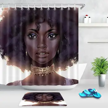 African American Dekle, Tuš Zavese Umetnosti Afro Črna Ženska Kopalniške Opreme Mat Nepremočljiva Kopel Zaveso, s Trnkov Stroj