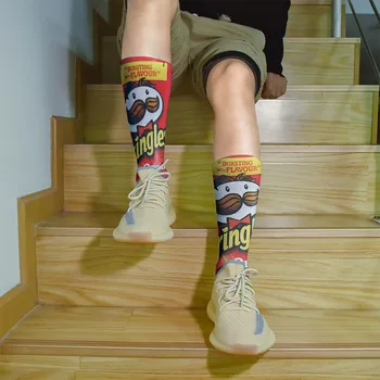 3D Fashion Čips Dolge Nogavice Šport Kolesarjenje Priložnostne Visoke Nogavice Moški Ženske Poletje Bombaž Smešno Pisane Noge Tele Bombažne Nogavice