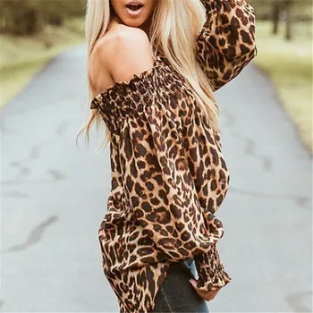 Najnovejši Ženske Leopard Natisnjeni Long Sleeve Majica 2019 Modna Jesen Pomlad Off Ramenski Rokavi Ženske Priložnostne Svoboden Vrhovi Bluzo Vroče
