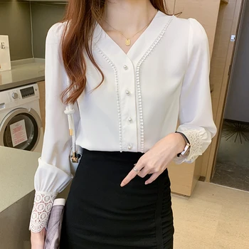 Korejski Ženske Šifon Belo Bluzo Ženske Majice Dolg Rokav V Vratu Bluze za ženske Čipke Mozaik Ženske Bluzo Vrhovi Plus Velikost