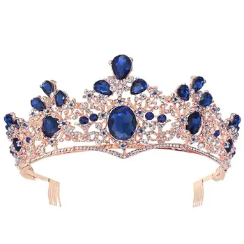 Modra Baročno Royal Queen Zlato Poroko Krono Kristalno Princess Tiara Trakovi 40JF