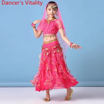 Ples trebuh Praksi Oblačila Novo Otrok Dekleta izrežemo Puff Rokav Vrh Krilo Kovanec Pasu Nastavite Indijski Sari Plesalci Usposabljanje Obleke