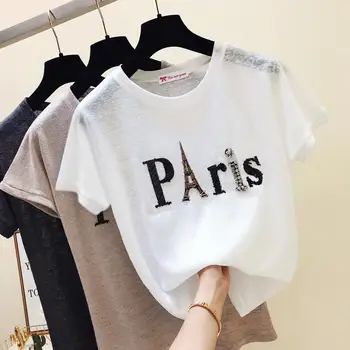 Poletje Priložnostne Ženske T-shirt Parizu Pismo Vroče Diamond Harajuku Dekle T Srajce Risanka Osnovne Kul Vrhovi Tees