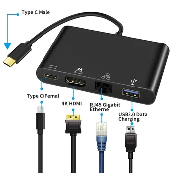 4 v 1 USB C do HDMI 4K Vrata USB 3.0 Hub Strele 3 Dock z RJ45 Lan Omrežja in Tip-c PD Polnjenje Adapterja Za HDTV PC