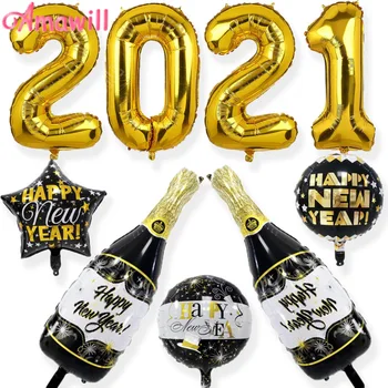 Amawill 2021 Srečno Novo Leto Šampanjec, Vino, Steklenica Balon Stranka Dekor Star Krog Folija Balon Božič, Novo Leto Eve Dobave