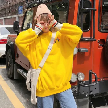 Korejska različica barva mavrice tiskanja pulover Harajuku svoboden dolg odsek plus bombaž debele kakovosti modni pulover