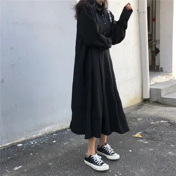 2019 Moda Dolg Rokav ženska Majica Obleke Harajuku Ulica Prevelik Gumb Pocket Naguban Črna Obleka Ženska Športna Oblačila