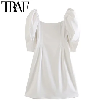 TRAF Ženske Eleganten Modni Puff Mini Sleeve Vintage Obleko Kvadratnih Ovratnik Nazaj Zadrgo Ženske Obleke Vestidos Mujer