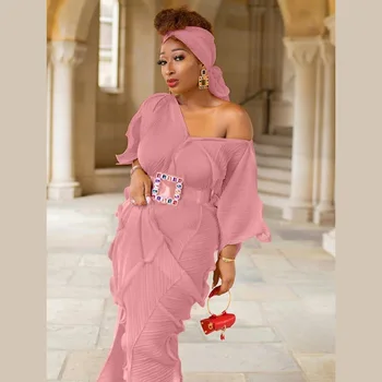Afriške Stranka Obleko Elegantno Ženske Urad Plus Velikost Dame Ruffle Dolge Obleke z Pasu Headscarf Dashiki Afriki Obleke Poletje
