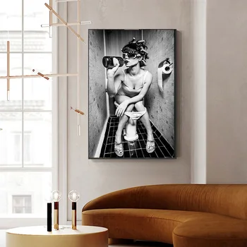Artisitc Črno Bel Seksi Pitje in Kajenje Ženska Lepota Platno Slikarstvo Wc Pub Bar Doma Dekoracijo Plakat Stenske Slike