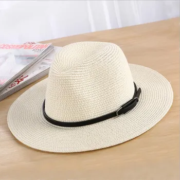 Seioum Poletje potovanje Klobuki Za Ženske, Moške Slame Sun Pokrivalo Širok Roba Pasu Plaži Panama Jazz klobuk Ženski Moški Sunhat