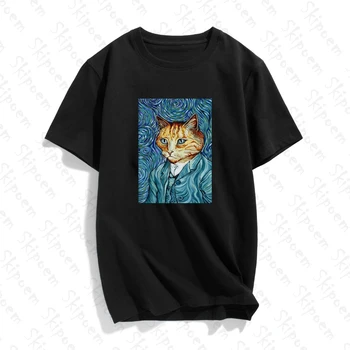 2020 Modna Ženska T-shirt Smešno Van Gogh Mačka po Meri Bombaž O Neck Majica s kratkimi rokavi Plus Velikost Kratkimi Rokavi blagovne Znamke Ženska T-Shirt Femme