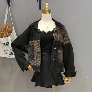 Jeseni Evropske Leopard Tiskanja Svoboden Plašč Ženski Vezenje Luknje Denim Jeans Jakna Ženske Obleke Gothic Jopiči Ulične Za