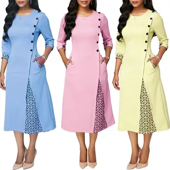 Moda Plus Velikost Stranka Jeseni Ženske Obleke Geometrijske Mozaik 3/4 Rokav Midi Obleko Okoli Vratu Obleka Ženske