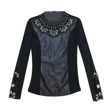 Long Sleeve Vintage Elegantno T-shirt Očesa Gaza Mozaik PU Usnje T Shirt Jeseni Runo Ženske Tshirt Vrh z Diamante T07628B