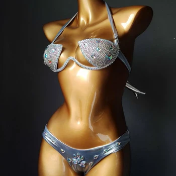 2020 Luksuzni Bikini Komplet Ženske Bling Diamante Karneval Modrc Obreži Zgoraj Kristalno Hlačke Rave Festivalu Burning Man Obleko Klub Obrabe
