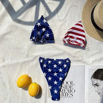 Kopalke ženske Ameriške Zastave, Tiskanje Prosojni trak Tangice High Cut Noge Bikini Komplet Dva Kosa Kopalke, Plavalna obleka za ženske