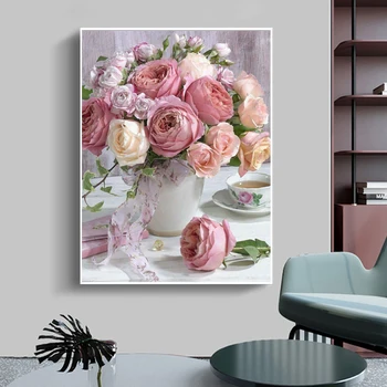 5D Diy Diamond slikarstvo rožnate Vrtnice, navzkrižno šiv Diamond Vezenje Okrasnih slike Daimond slikarstvo Mozaik Cvet doma dekor