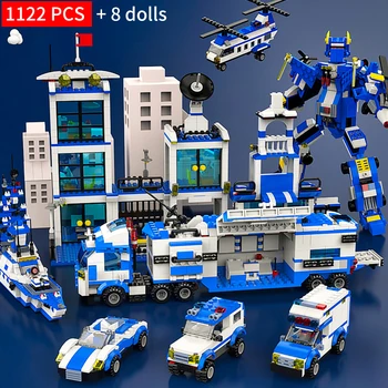 1122 kos City Policijska Postaja SWAT gradniki Avtomobila, Helikopterja, Mestna Hiša Tovornjak Bloki Ustvarjalne Opeke Igrače Za Otroke, Fantje