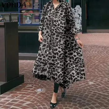 Plus Velikost Ženske obleke 2021 VONDA Priložnostne Long Sleeve Vintage Leopard Tiskanja Gumb Majica Obleke Svoboden Jeseni Nezakonitih Vestidos