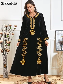 Črni Žamet Etnične Vezenje Abaya Obleko za Ženske Zimske 2020 Dubaj arabski Muslimani Turčija Plus Velikost Oblačila z Dolgimi Rokavi Nova
