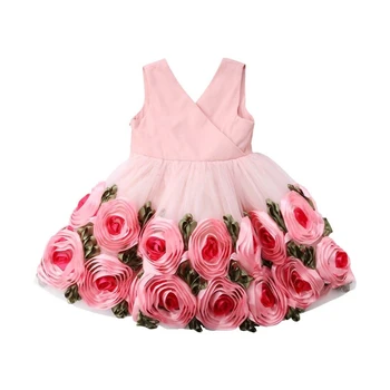Vroče Cvet Dekleta Obleko 3D Rose Stranka Pageant Obleko Proti-vrat Princesa Otroci Baby Nazaj Lok Žogo Obleke Tutu Til Obleke Sundress 2-8T