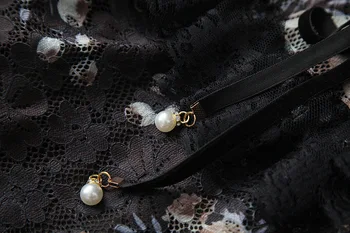 Novo leto 2020 jeseni ženske ruffles stojalo ovratnik čipke dolg rokav črno obleko a-line gothic cvetlični jacquardske obleke, roza