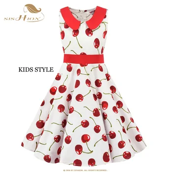 Vintage Obleko za Otroke, Otroci VD1151 Swing Bombaž Retro Češnja Cvjetnim Tiskanja Polka Dot Obleko za Dekle