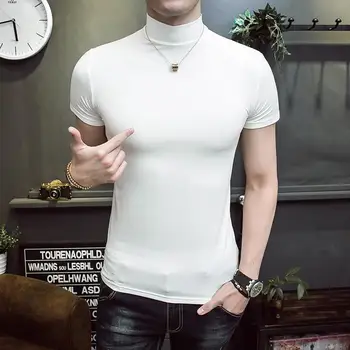 2020 Moških Kratek Rokav Turtleneck Slim Fit majica s kratkimi rokavi Moški Trdno Črno Bel Tees Srajce Ljubitelje Tshirt