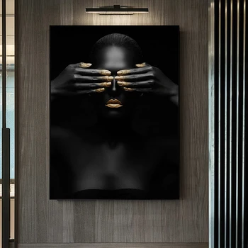 Wall Art Platno slikarstvo črno in zlato afriška ženska, Slike, plakate in grafike Doma dekoracijo plakat za dnevno sobo