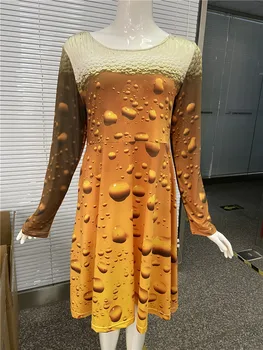WHEREISART Pivo Up 3D Tiskanih Plus Velikost Dolg Rokav Obleka Elegantne Retro Obleke, Ženske O-vratu Jeseni Visoko Elastična Obleke Letnik
