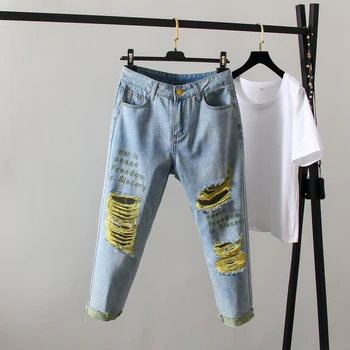 Novo leto 2020 Poletje Big Hole Gleženj dolžina hlače Modne Ženske Uničeno Jeans ženska Raztrgala Traper Hlače Letnik Fant Jeans Harem