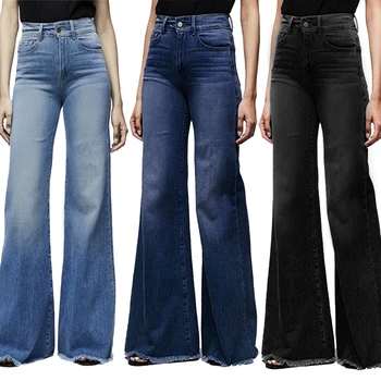2020 Visok Pas Širok Noge Jeans Fant Jeans za Ženske Denim Suh Ženske Kavbojke Ženske Flare Kavbojke, Črno Modra
