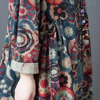 DIMANAF Plus Velikost Ženske obleke, Perilo Letnik Indie Folk Jeseni Cvjetnim Tiskanja Mozaik Ženski Retro Svoboden Priložnostne Žepi Obleke